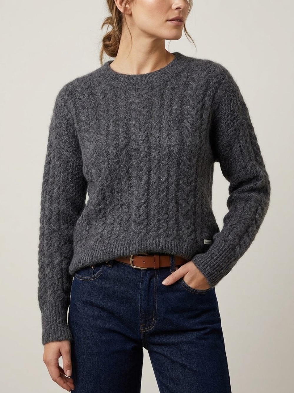 WILDFOX Couture 100% Cashmere Cable Knit Oversized Crewneck Sweater Charcoal S